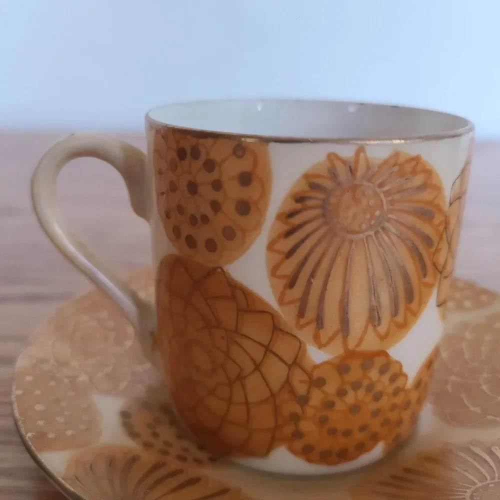 Inarco Demitasse Cup and Saucer Set Golden Splendor Floral Pattern Japan RARE